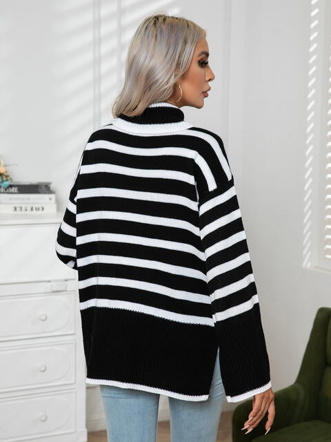 Striped Slit Turtleneck Drop Shoulder Sweater - Deals DejaVu