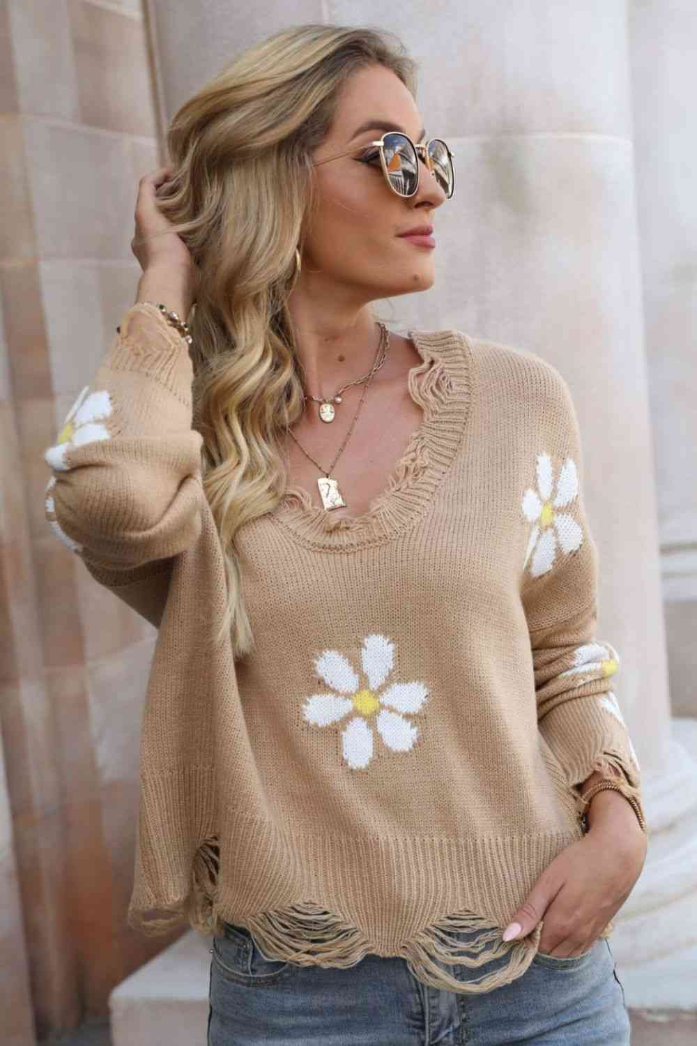 Flower Distressed Ribbed Trim Sweater - Deals DejaVu