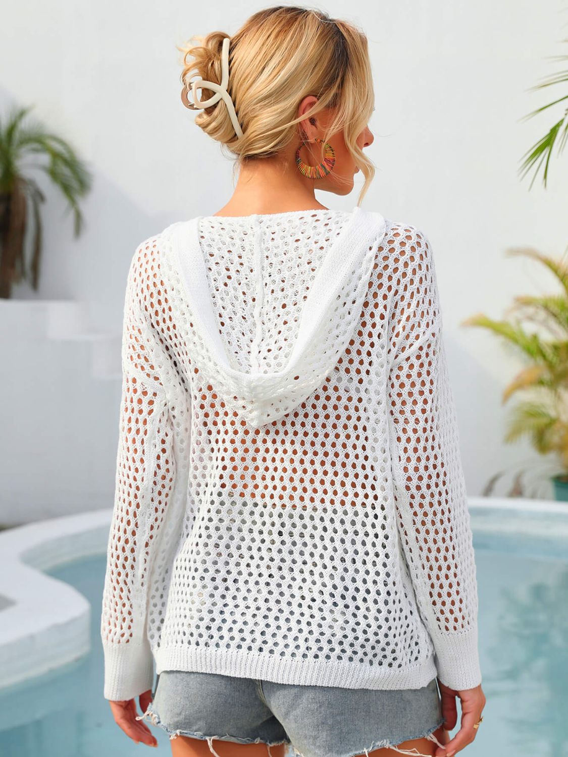 Flower Graphic Lace-Up Openwork Hooded Cover Up (TB11D) T - Deals DejaVu