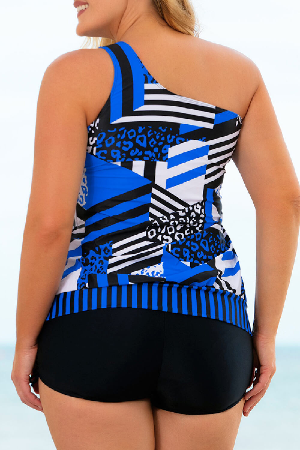 Plus Size Patchwork Tied One-Shoulder Tankini Set (TB13D) T