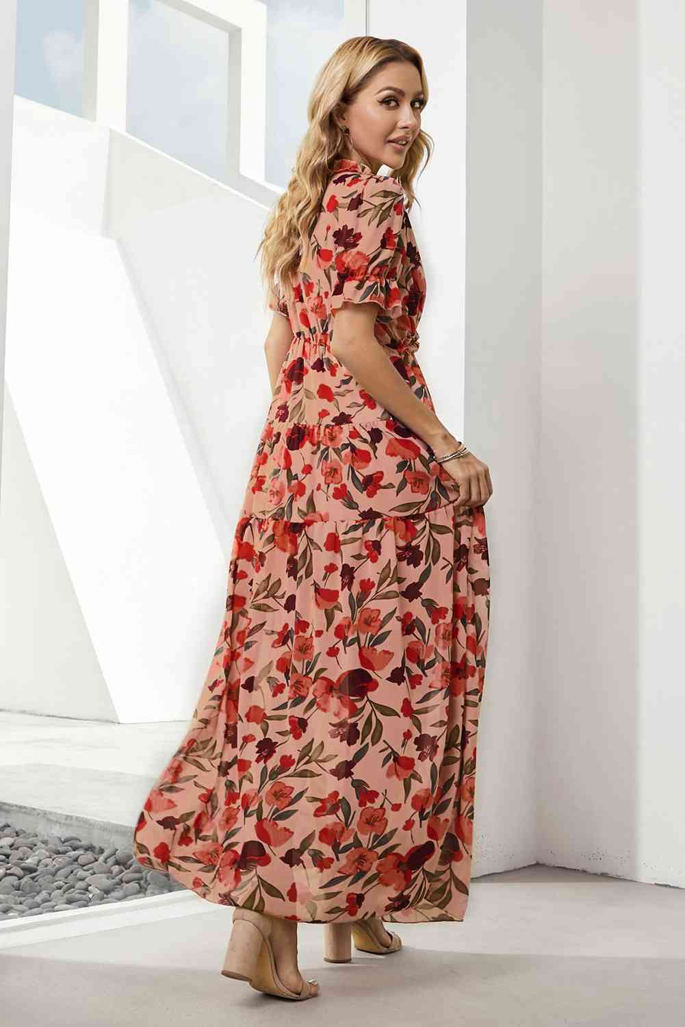 Floral V-Neck Short Flounce Sleeve Dress (BWMT) T - Deals DejaVu