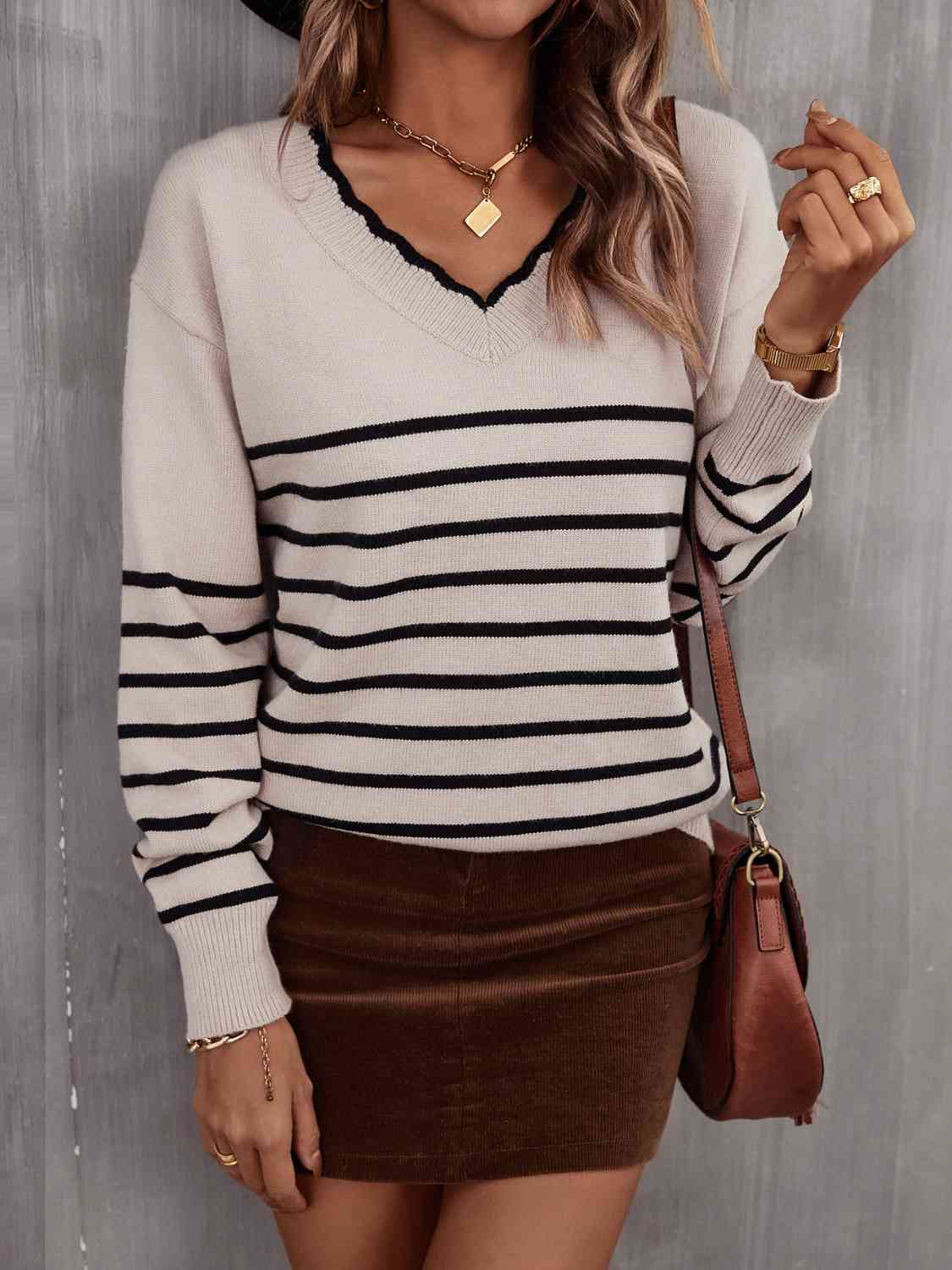 Striped V-Neck Drop Shoulder Sweater - Deals DejaVu