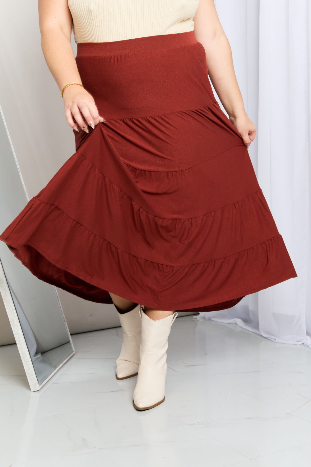 Zenana Full Size Wide Waistband Tiered Midi Skirt (TB7) T
