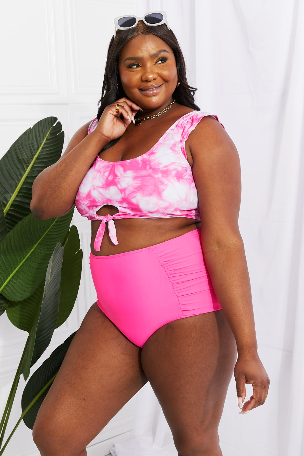 Marina West Swim Sanibel Crop Swim Top and Ruched Bottoms Set in Pink (TB9D) T