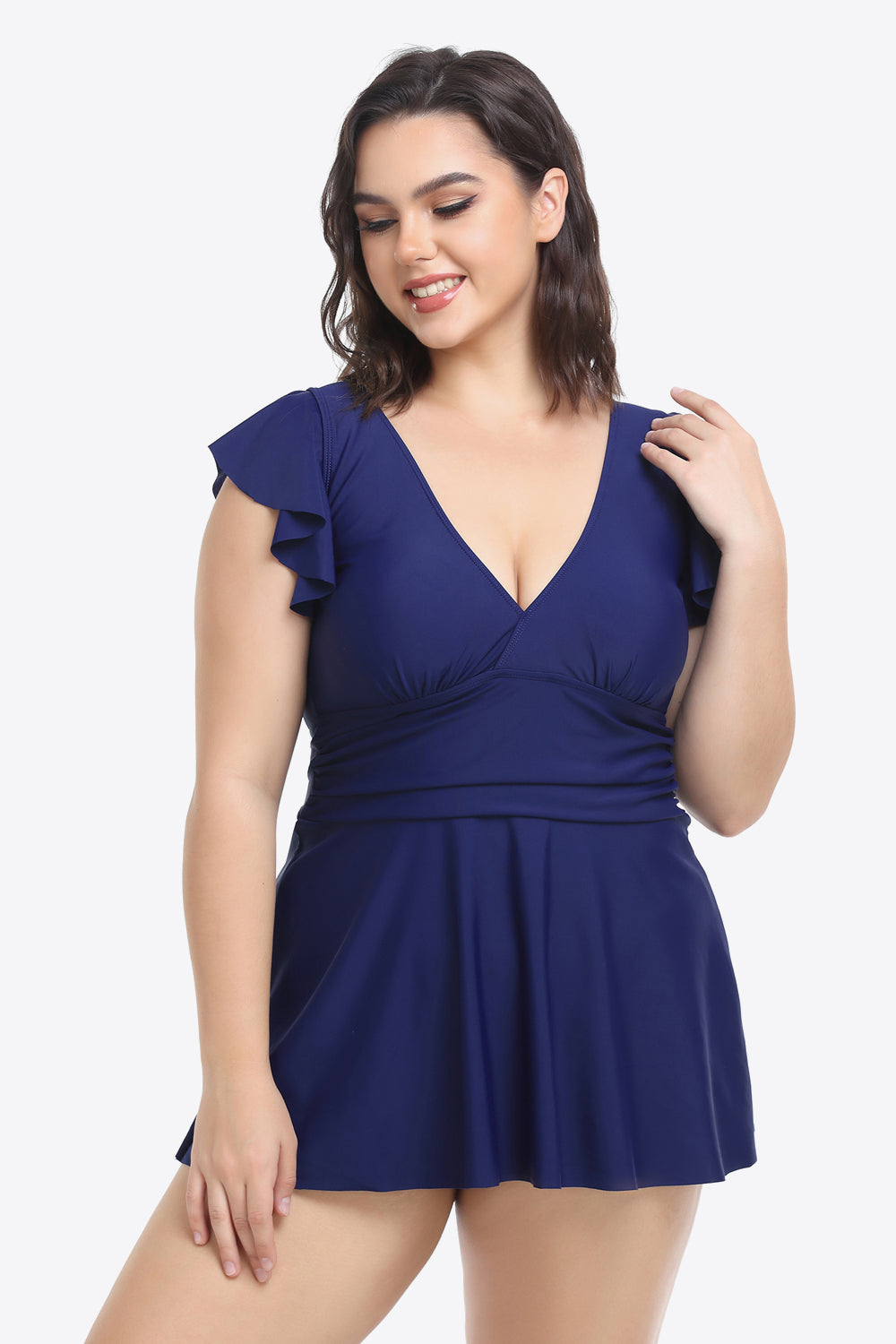 Plus Size Ruffled Plunge Swim Dress and Bottoms Set (TB13D) T
