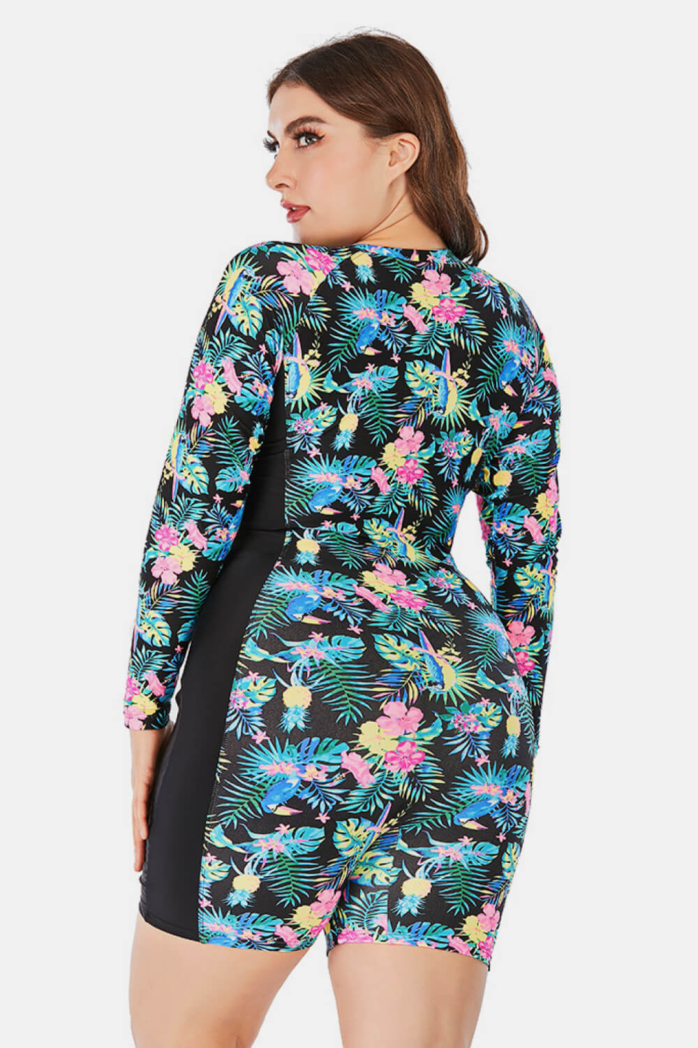 Plus Size Floral Zip Up Long Sleeve Short Wetsuit (TB10D) T