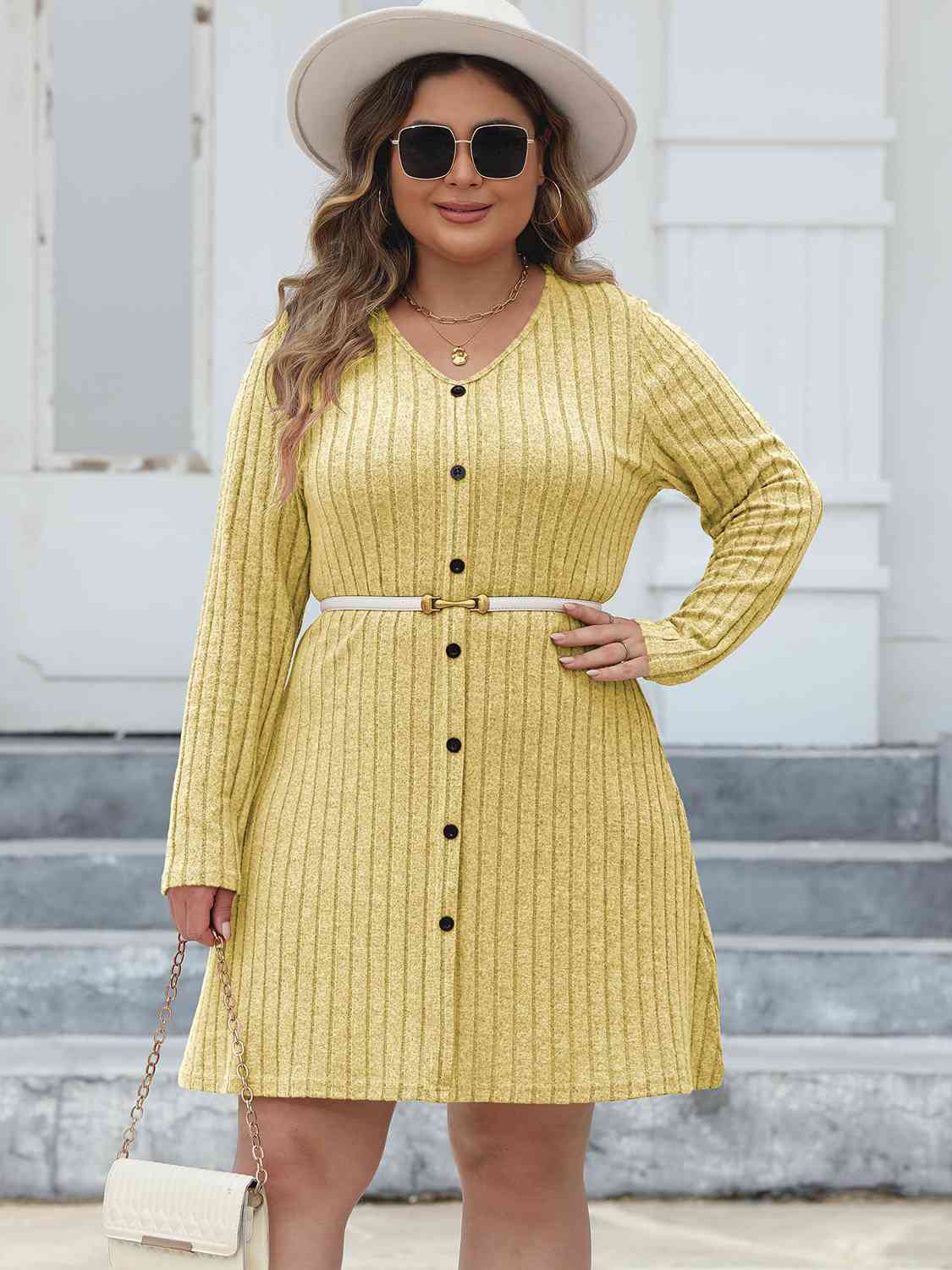 Plus Size Ribbed Buttoned V-Neck Long Sleeve Dress (MWBT) T - Deals DejaVu