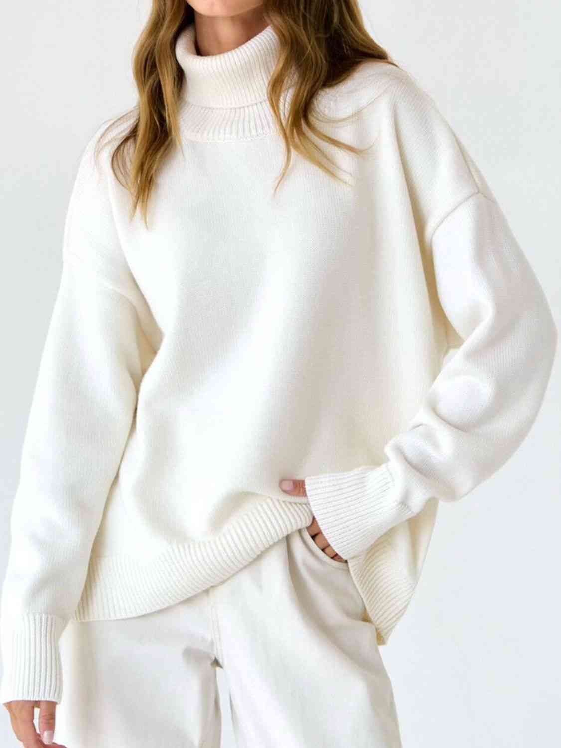 Turtle Neck Dropped Shoulder Sweater - Deals DejaVu