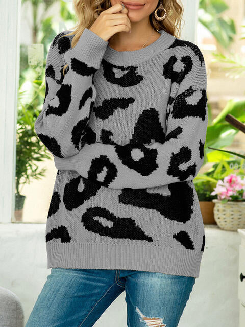 Drop Shoulder Leopard Pullover Sweater - Deals DejaVu