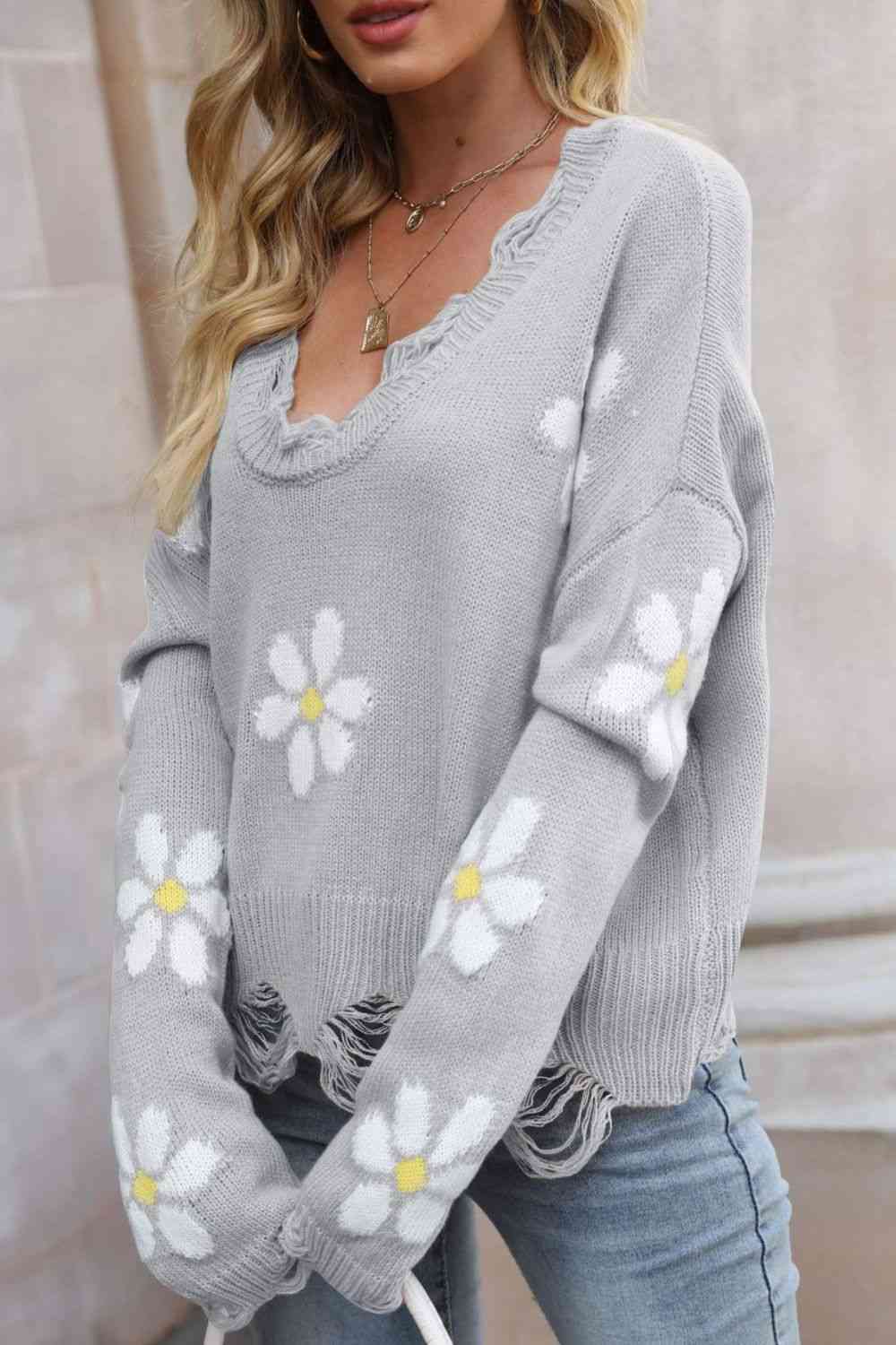 Flower Distressed Ribbed Trim Sweater - Deals DejaVu