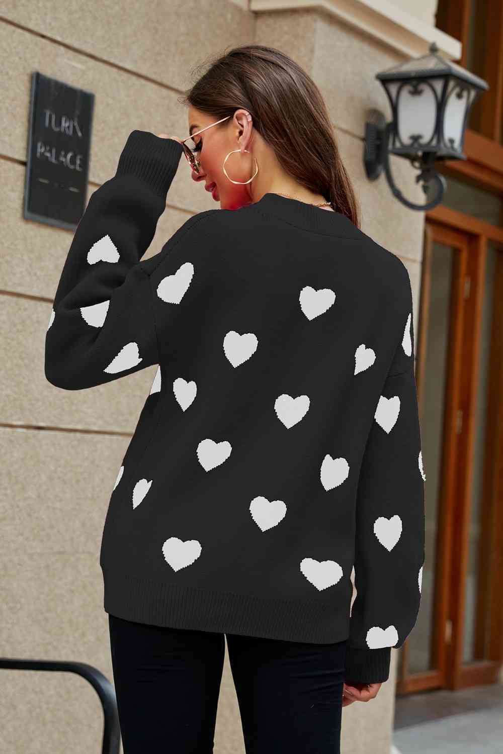 Woven Right Heart Pattern Lantern Sleeve Round Neck Tunic Sweater - Deals DejaVu