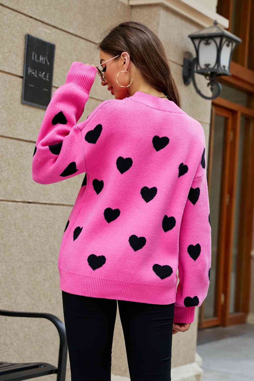 Woven Right Heart Pattern Lantern Sleeve Round Neck Tunic Sweater - Deals DejaVu