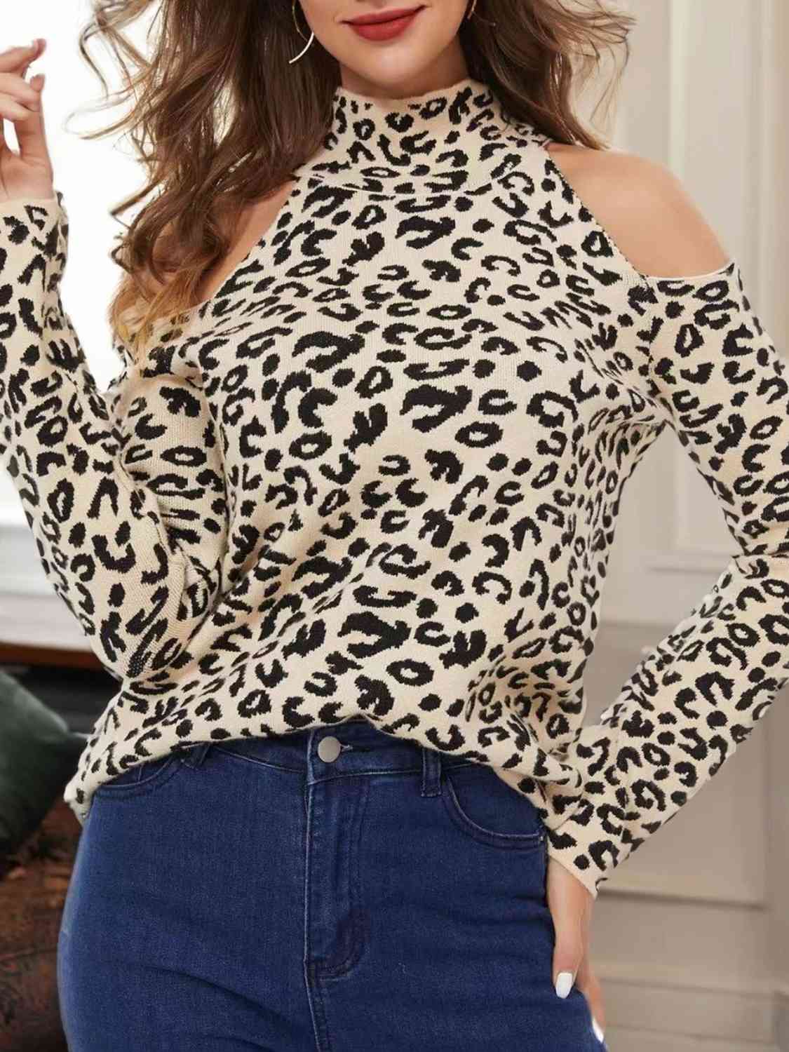 Leopard Cold-Shoulder Sweater - Deals DejaVu
