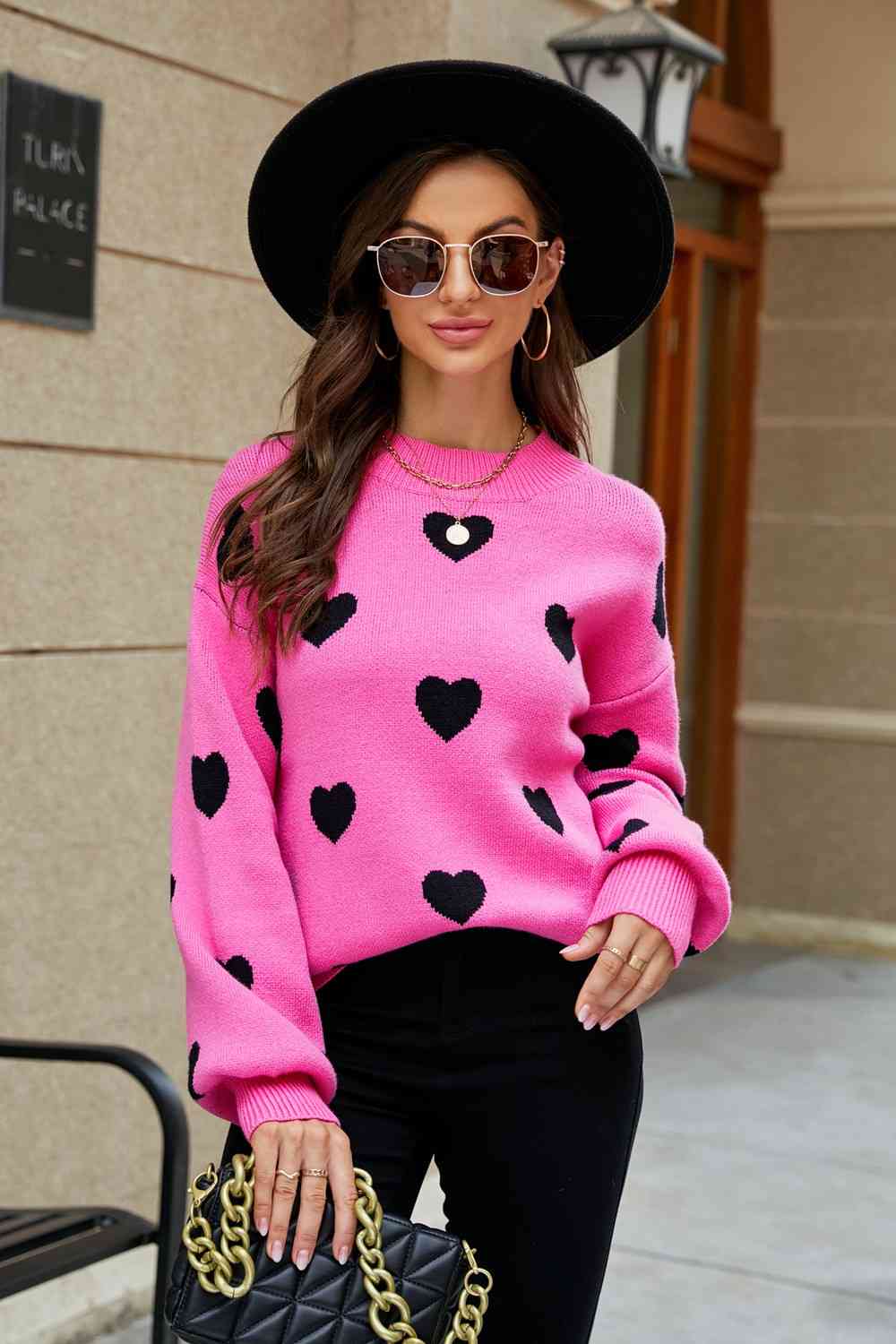 Woven Right Heart Pattern Lantern Sleeve Round Neck Tunic Sweater - Deals DejaVu