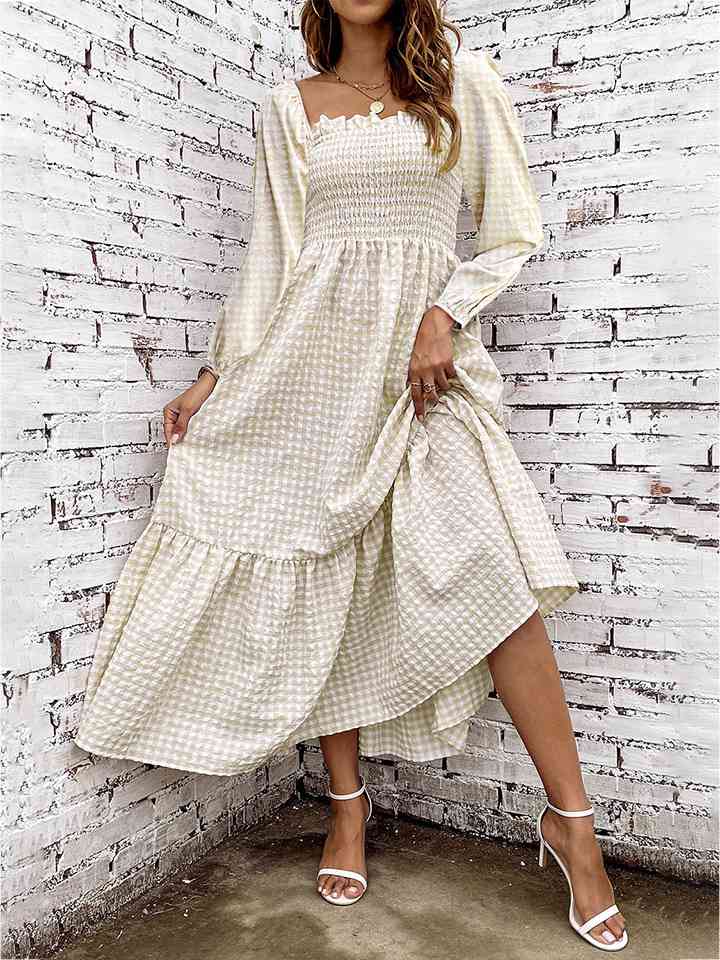 Smocked Square Neck Long Sleeve Dress (MWBT) T - Deals DejaVu