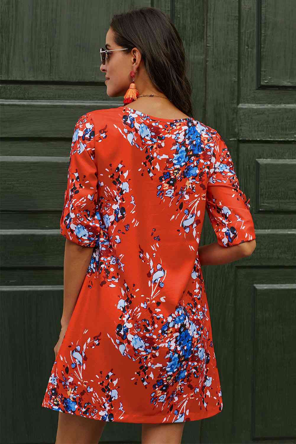 Printed Buttoned V-Neck Half Sleeve Dress (MWBT) T - Deals DejaVu