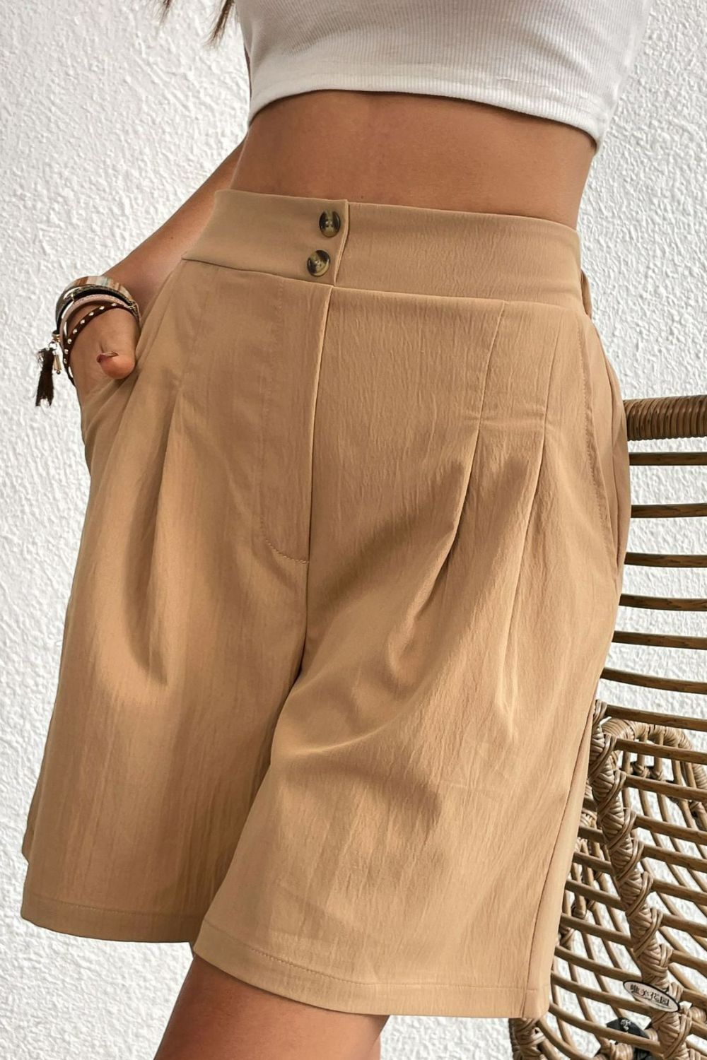 Buttoned Elastic Waist Pleated Detail Shorts (TBL2) T