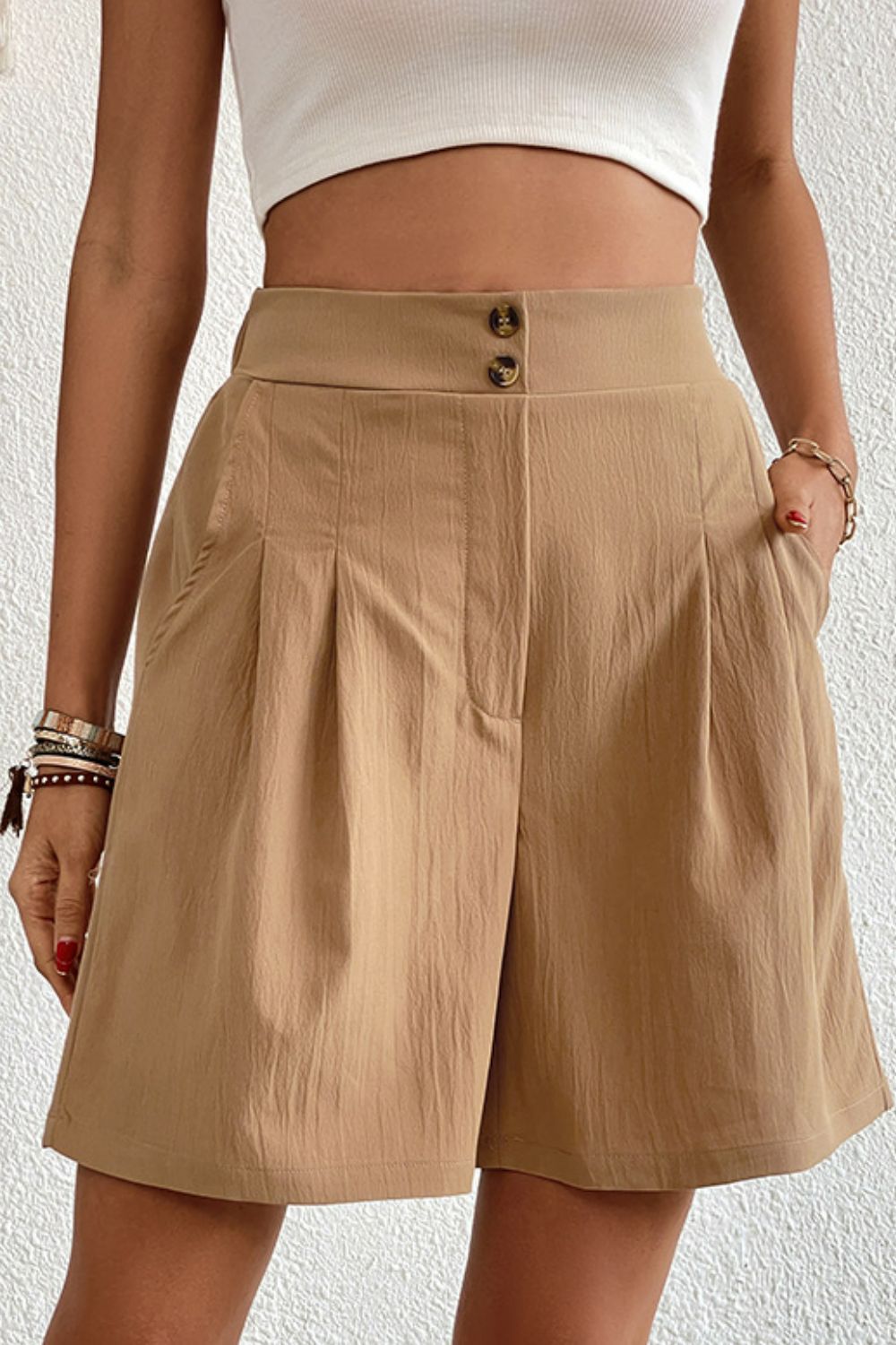 Buttoned Elastic Waist Pleated Detail Shorts (TBL2) T