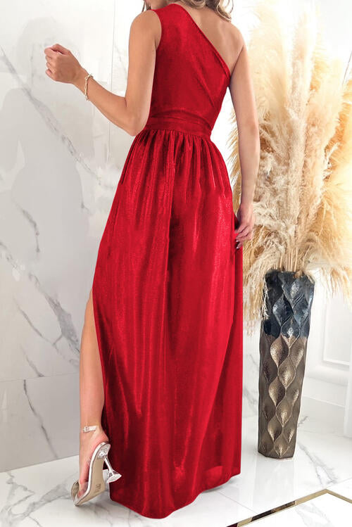 One Shoulder Slit Ruched Maxi Dress (BWM) T - Deals DejaVu