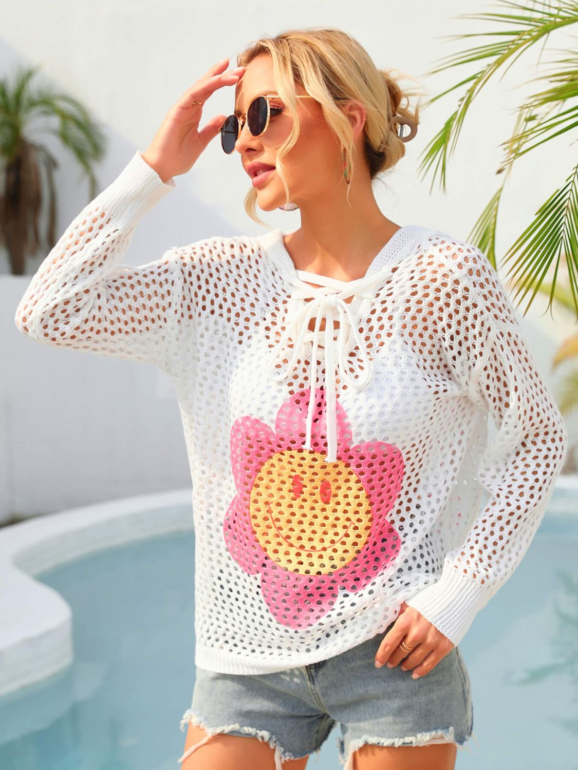 Flower Graphic Lace-Up Openwork Hooded Cover Up (TB11D) T - Deals DejaVu