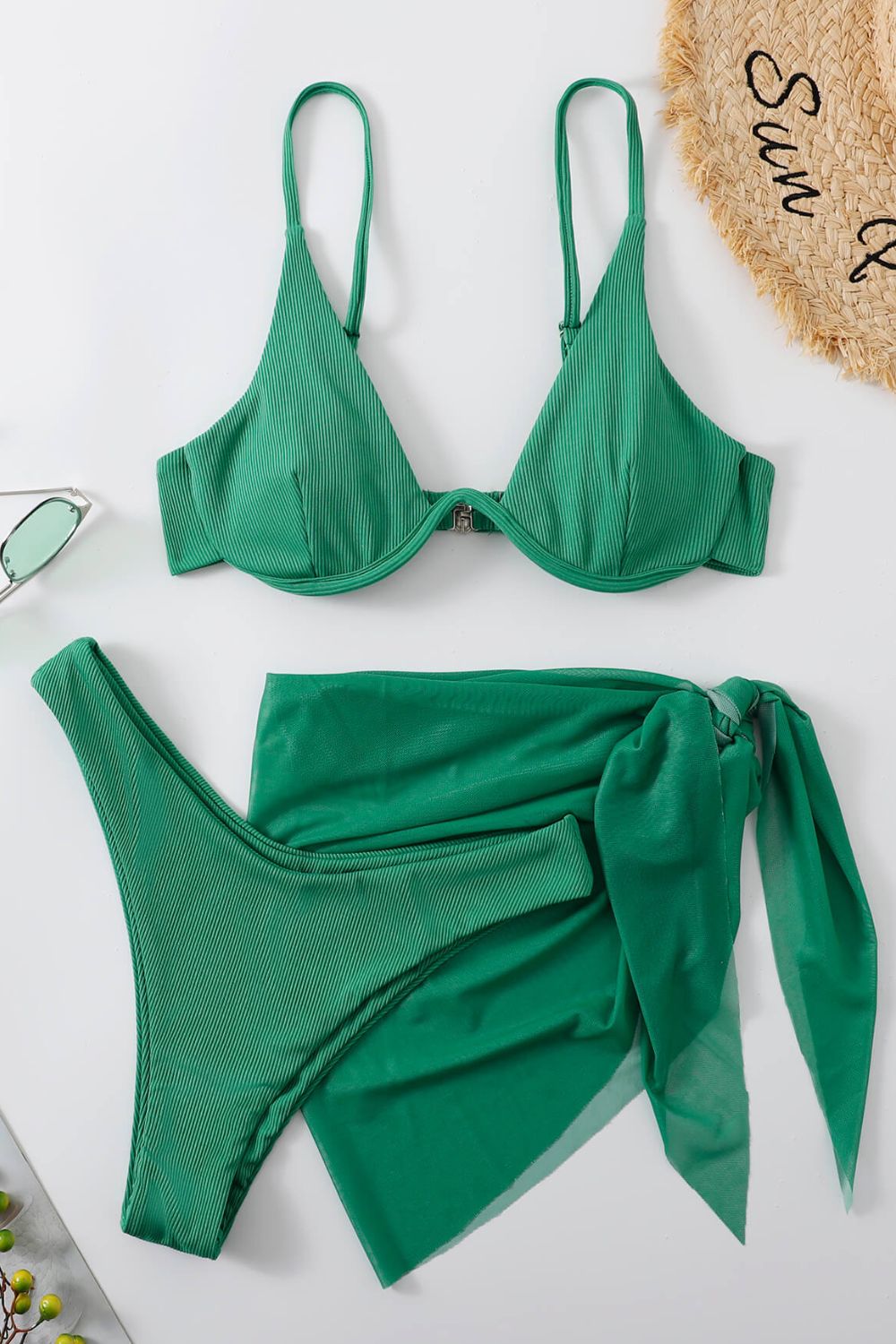 Ribbed High Cut Three-Piece Swim Set (TB9D) T