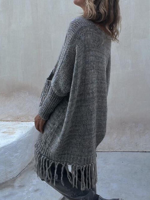Fringe Detail Long Sleeve Sweater with Pockets - Deals DejaVu
