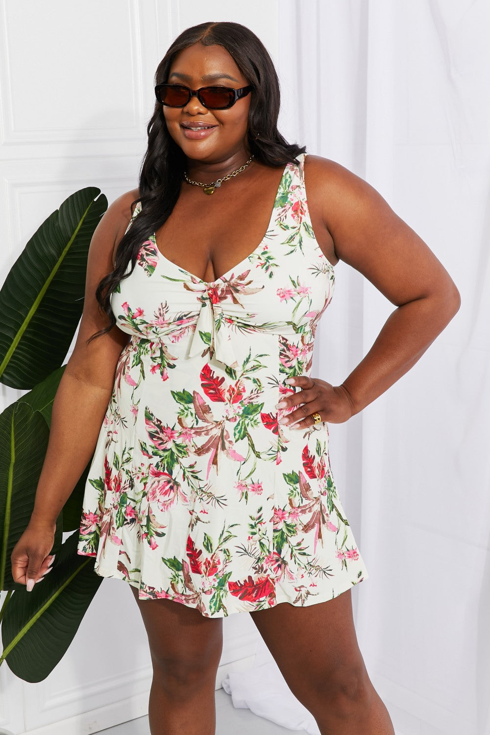 Marina West Swim Full Size Sail With Me V-Neck Swim Dress in Cream (TB10D) T