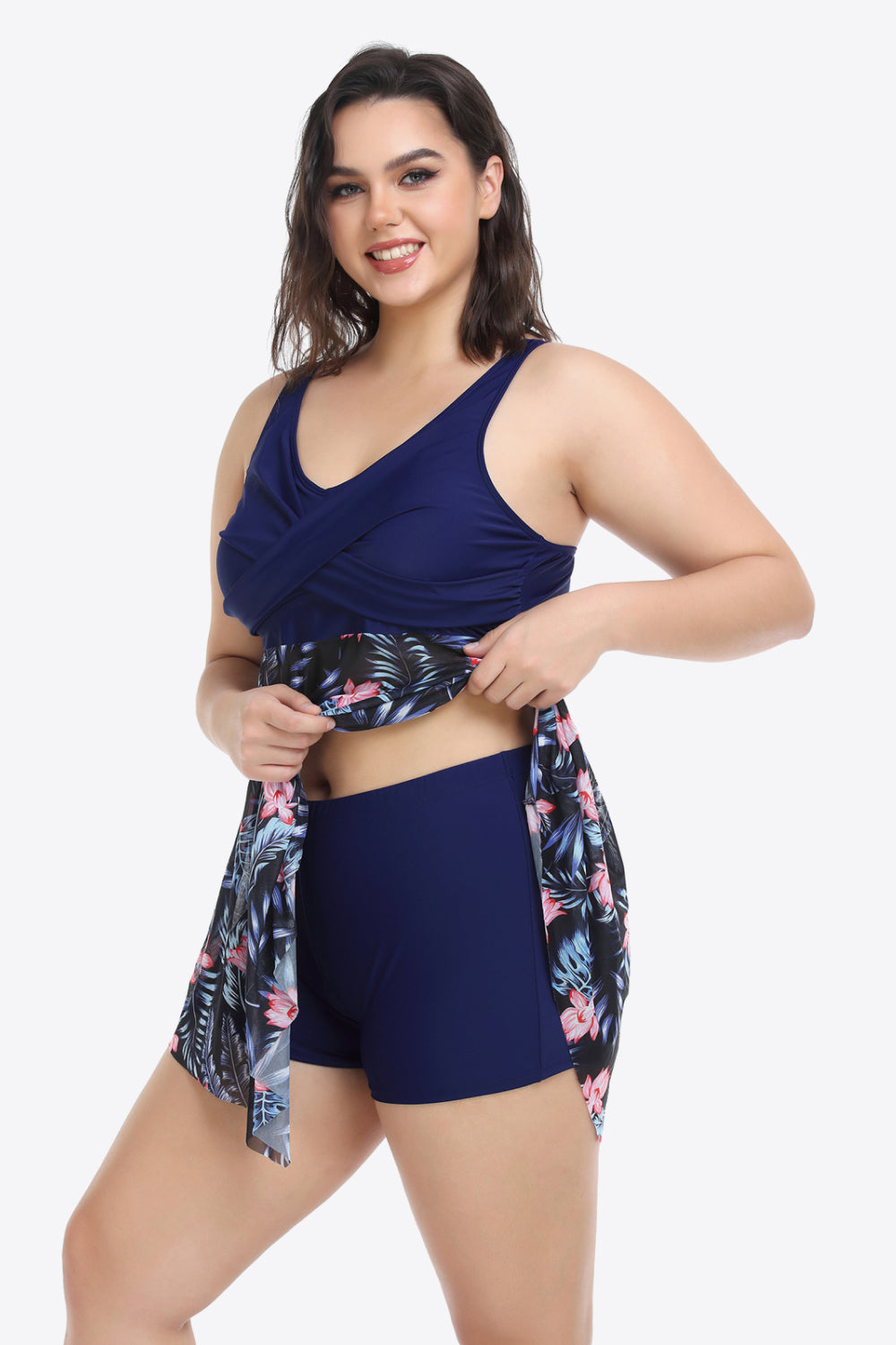 Plus Size Floral Two-Tone Asymmetrical Hem Two-Piece Swimsuit (TB13D) T