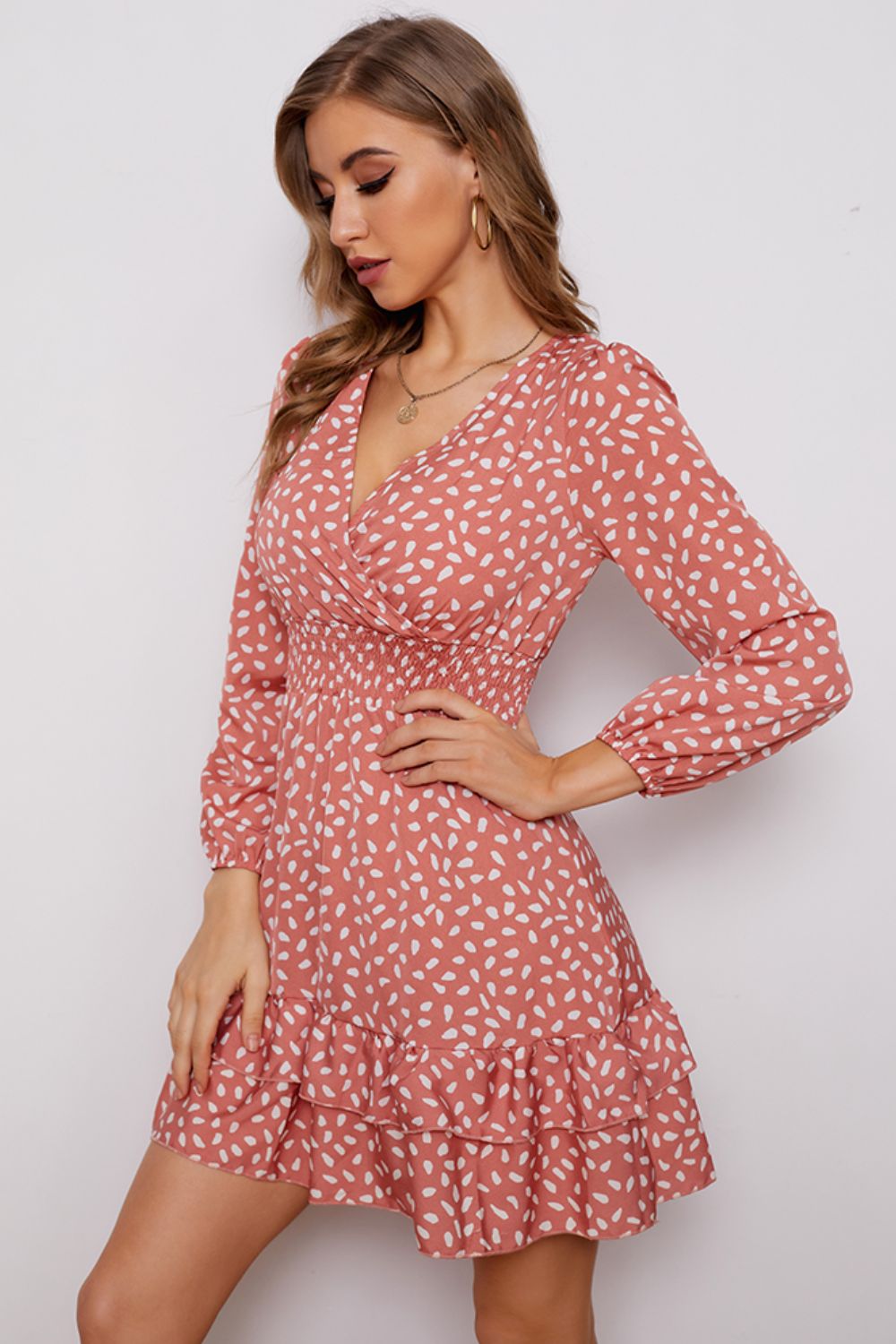 Printed Surplice Neck Puff Sleeve Ruffle Hem Dress (BWD)(WS06)T