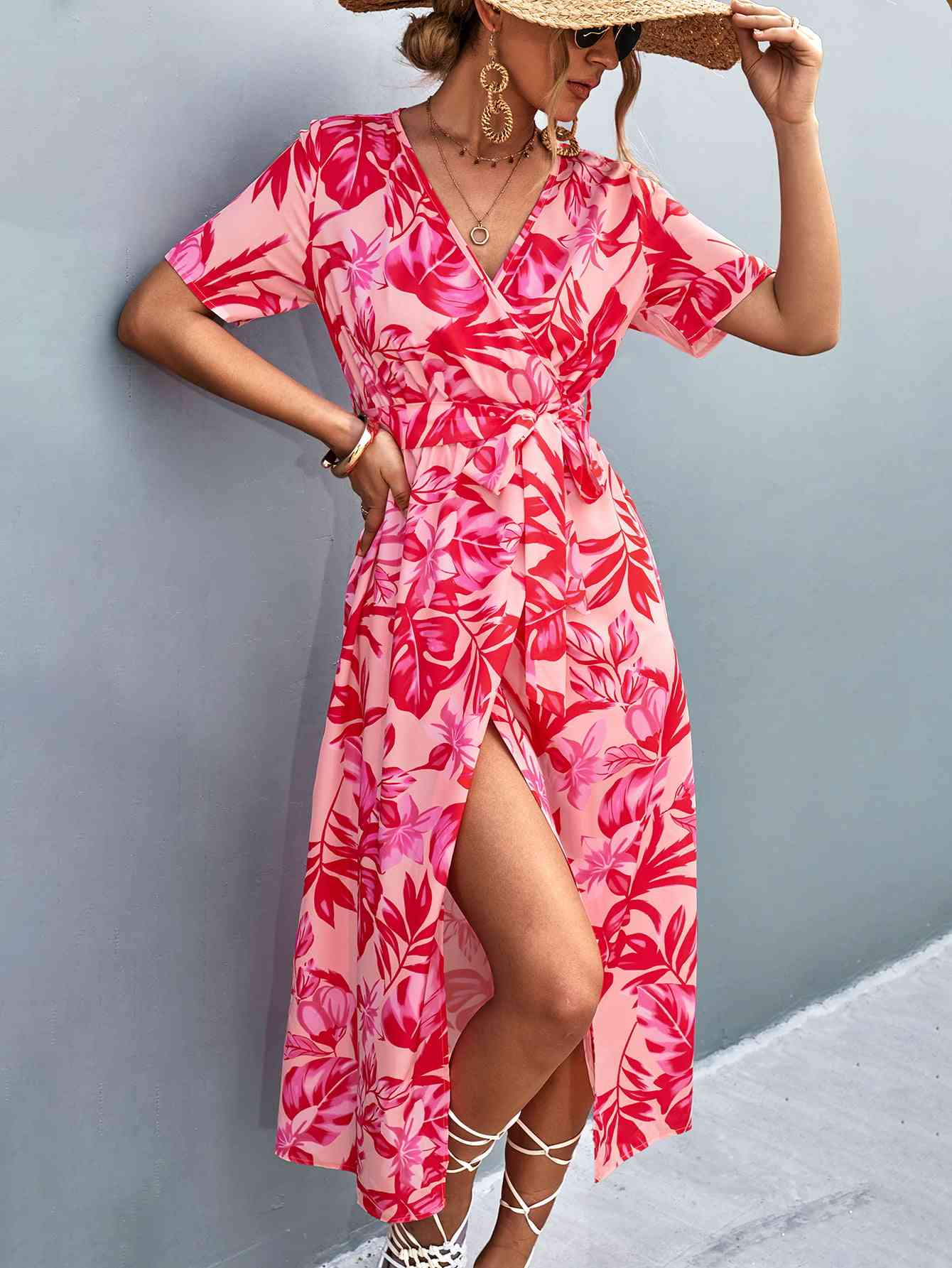 Floral Print High Slit Surplice Neck Tie Waist Midi Dress (MWBT) T - Deals DejaVu