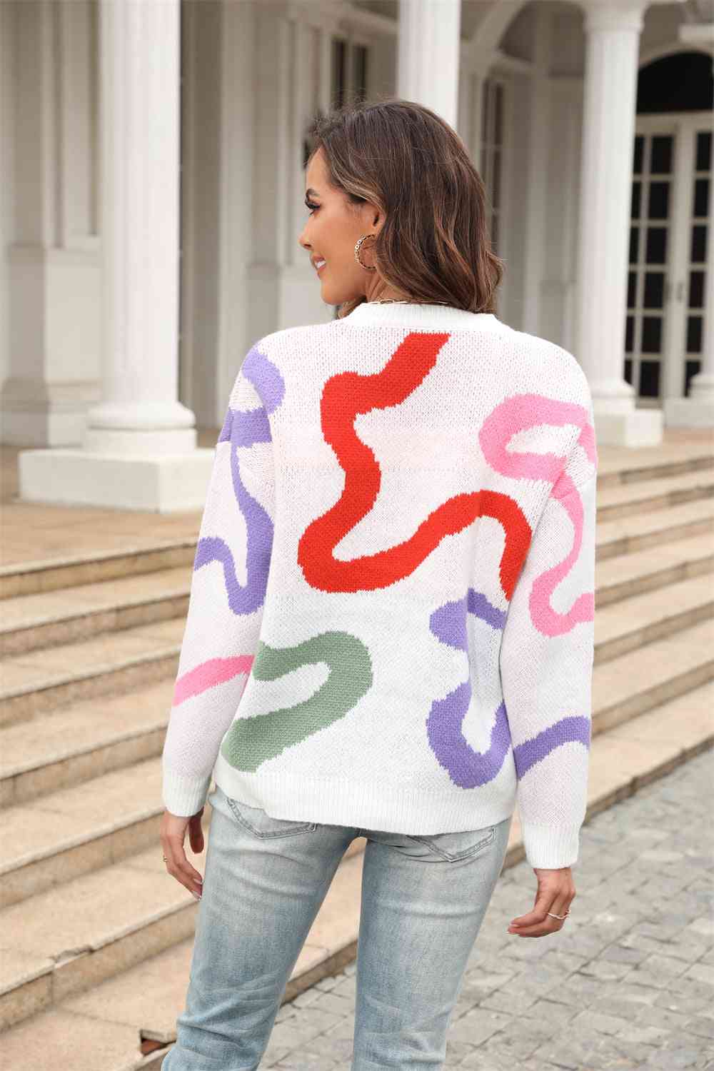 Printed Round Neck Dropped Shoulder Pullover Sweater - Deals DejaVu