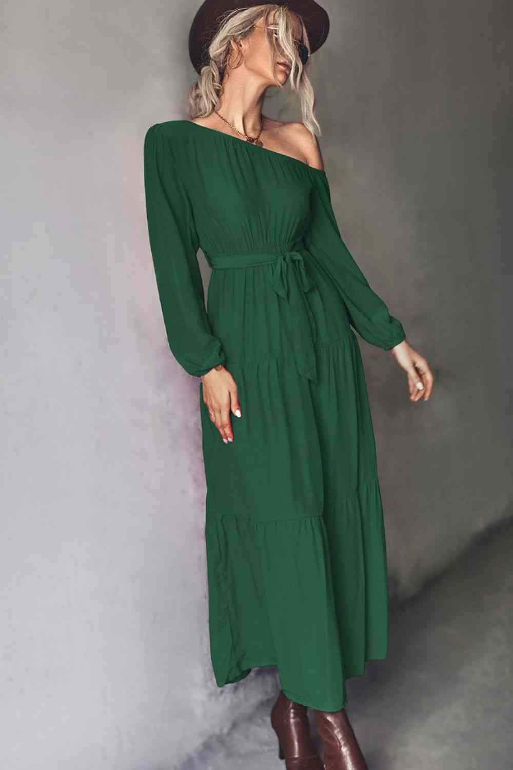 Belted One-Shoulder Tiered Maxi Dress (BWMT) T - Deals DejaVu