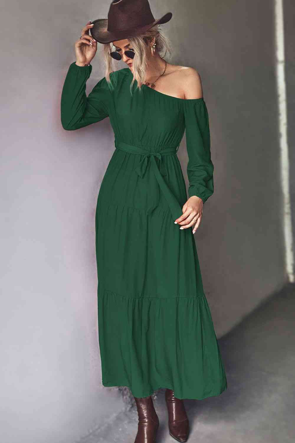 Belted One-Shoulder Tiered Maxi Dress (BWMT) T - Deals DejaVu