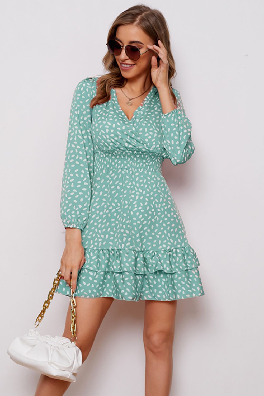Printed Surplice Neck Puff Sleeve Ruffle Hem Dress (BWD)(WS06)T