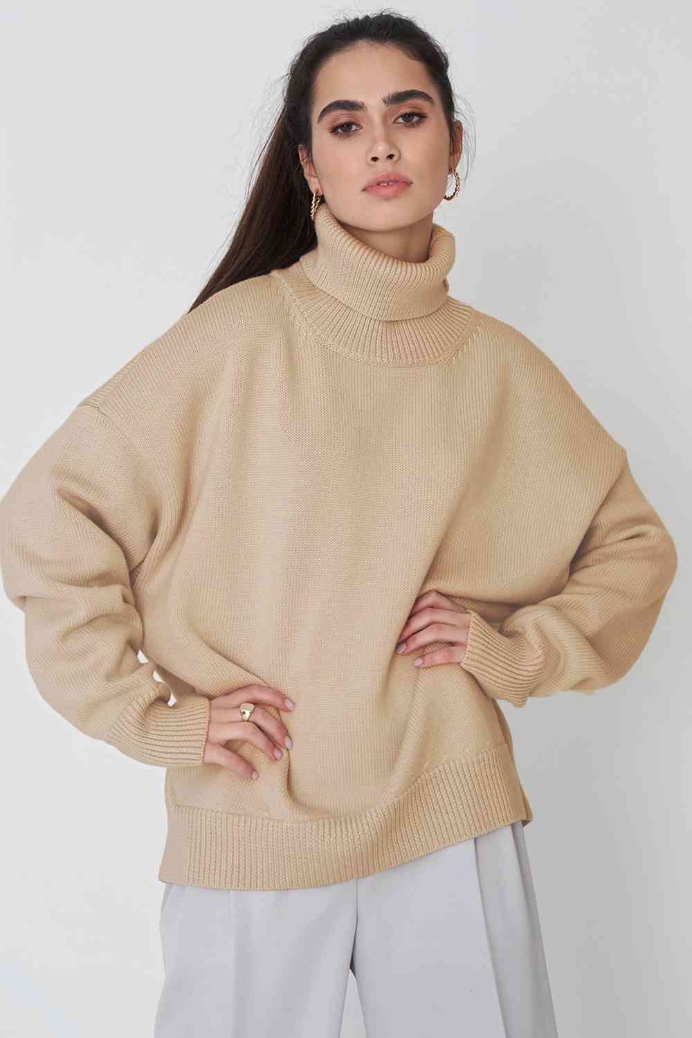 Turtle Neck Dropped Shoulder Sweater - Deals DejaVu