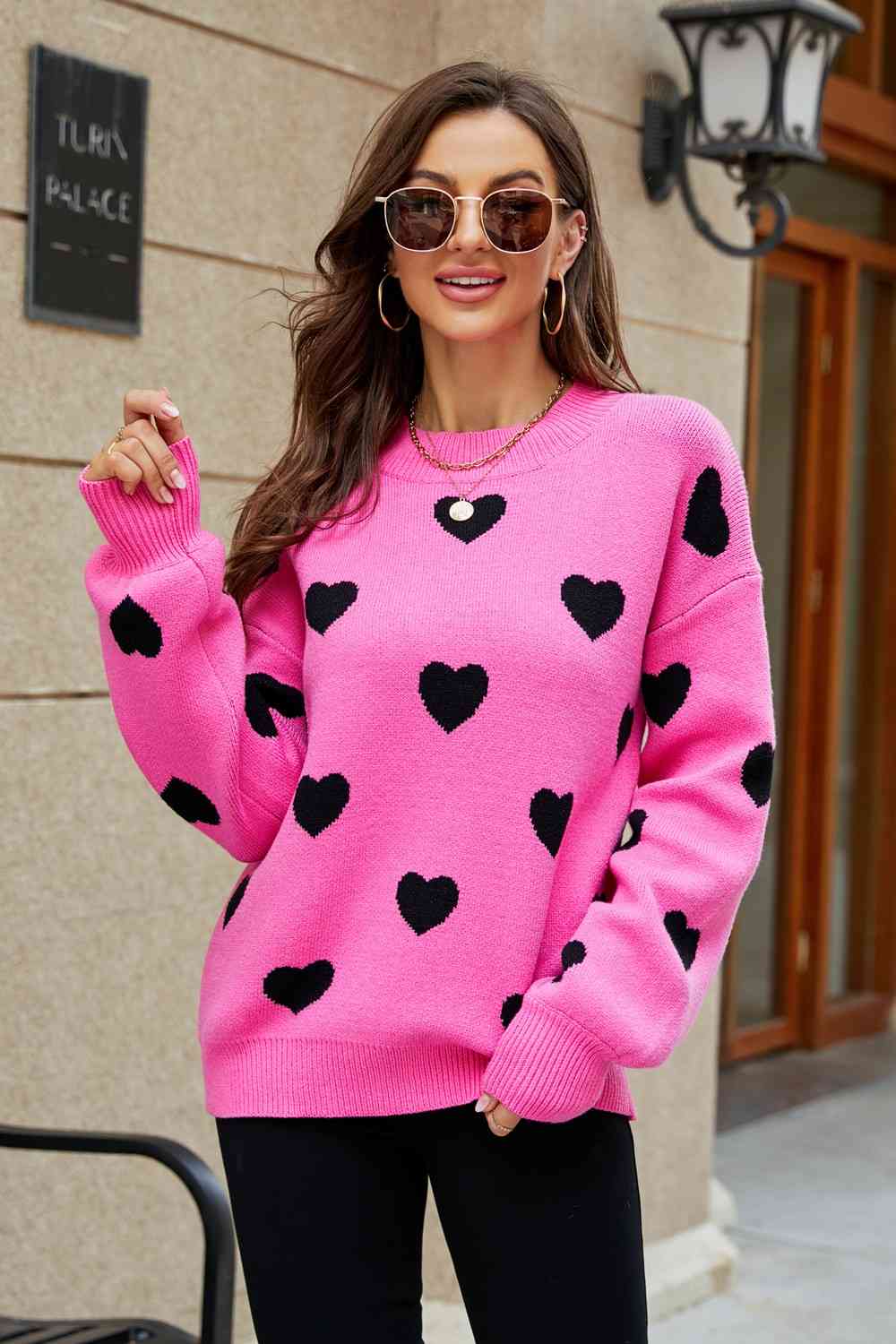 Woven Right Heart Pattern Lantern Sleeve Round Neck Tunic Sweater - Deals DejaVu