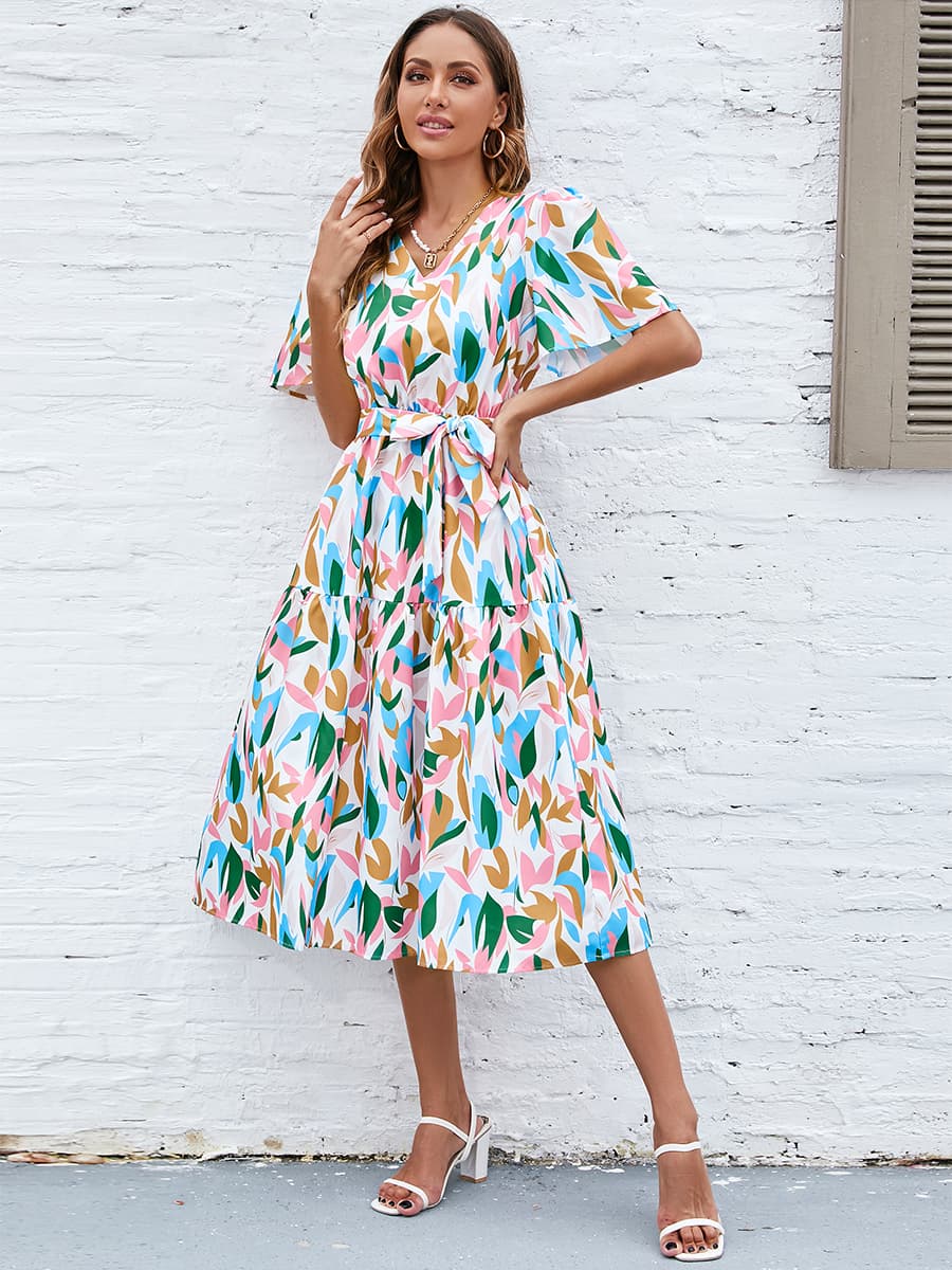 Printed Tie-Waist V-Neck Flutter Sleeve Dress (WS06) T