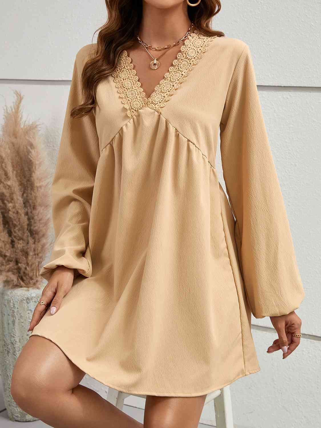 V-Neck Lace Detail Mini Dress (MWBT) T - Deals DejaVu