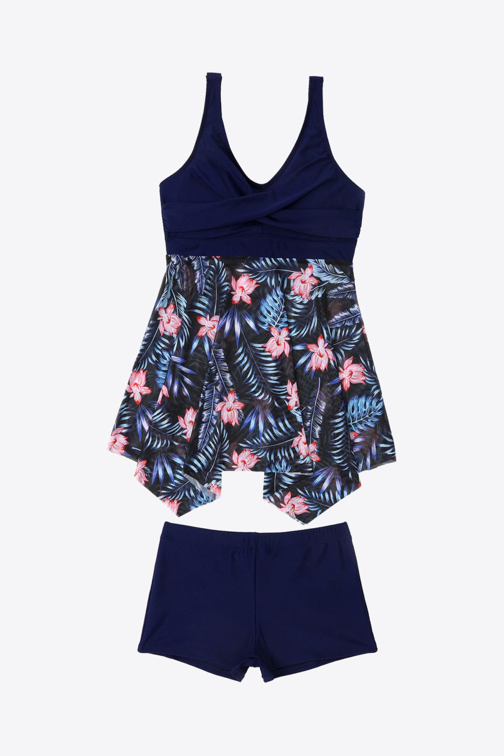 Plus Size Floral Two-Tone Asymmetrical Hem Two-Piece Swimsuit (TB13D) T