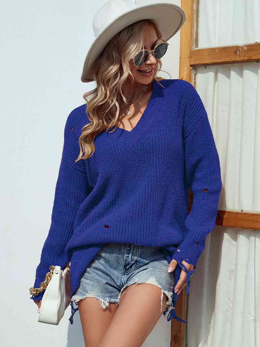 Distressed V-Neck Drop Shoulder Sweater - Deals DejaVu