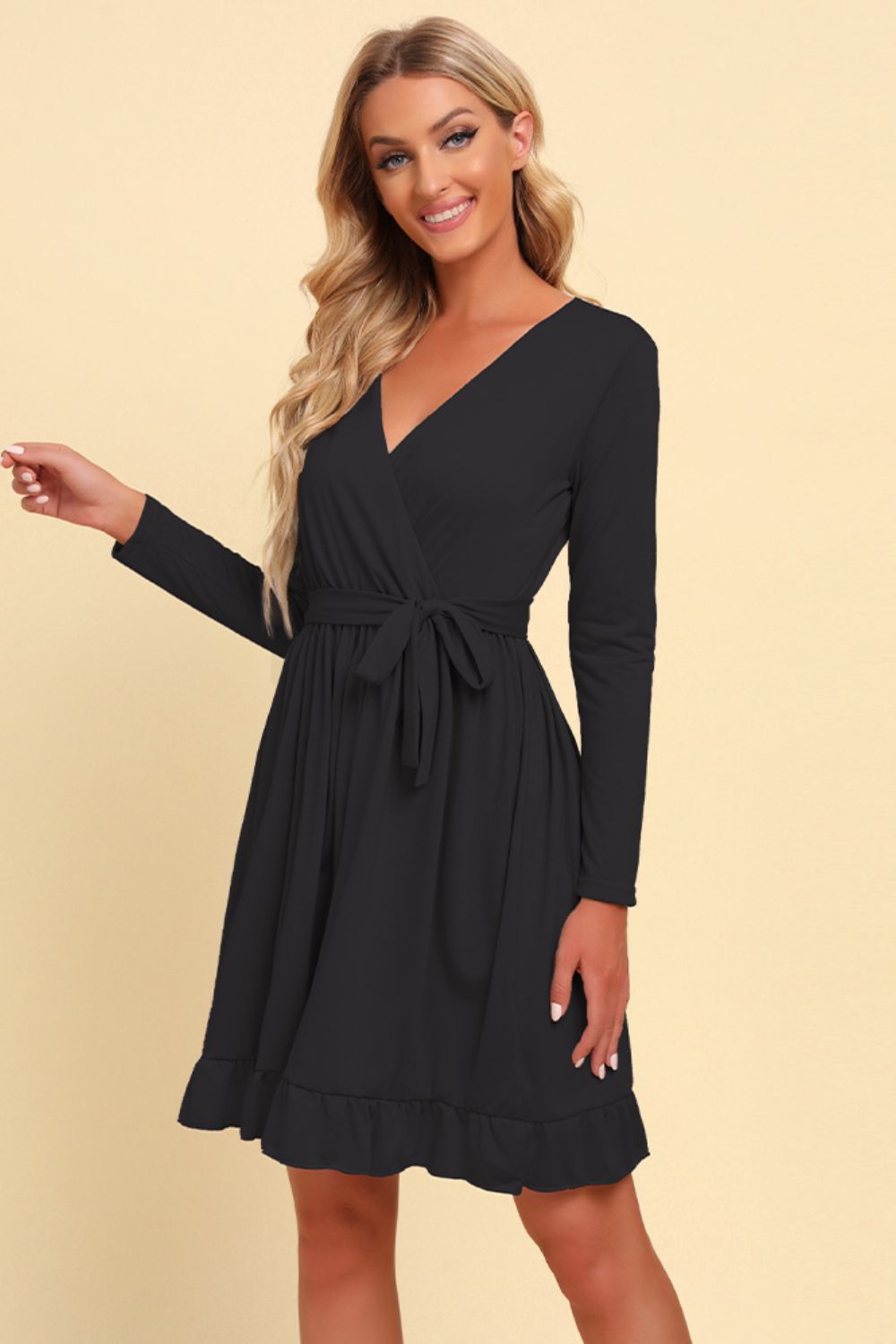 Long Sleeve Tie Waist Ruffle Hem Dress (BWD)(WS06)T - Deals DejaVu