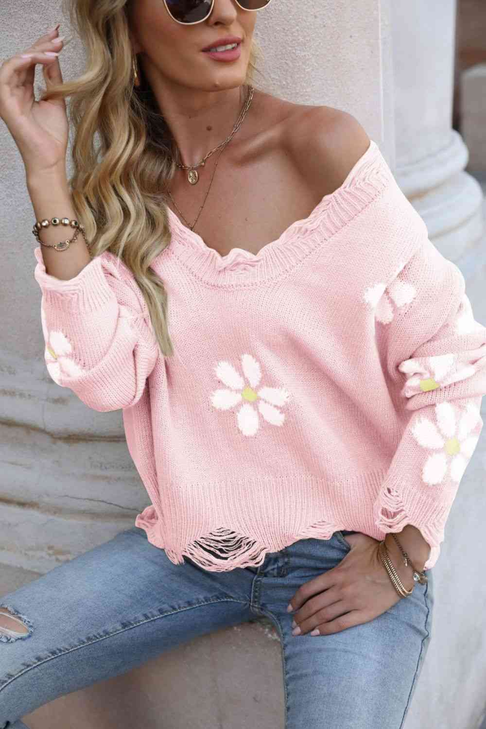 Flower Distressed Ribbed Trim Sweater - Deals DejaVu