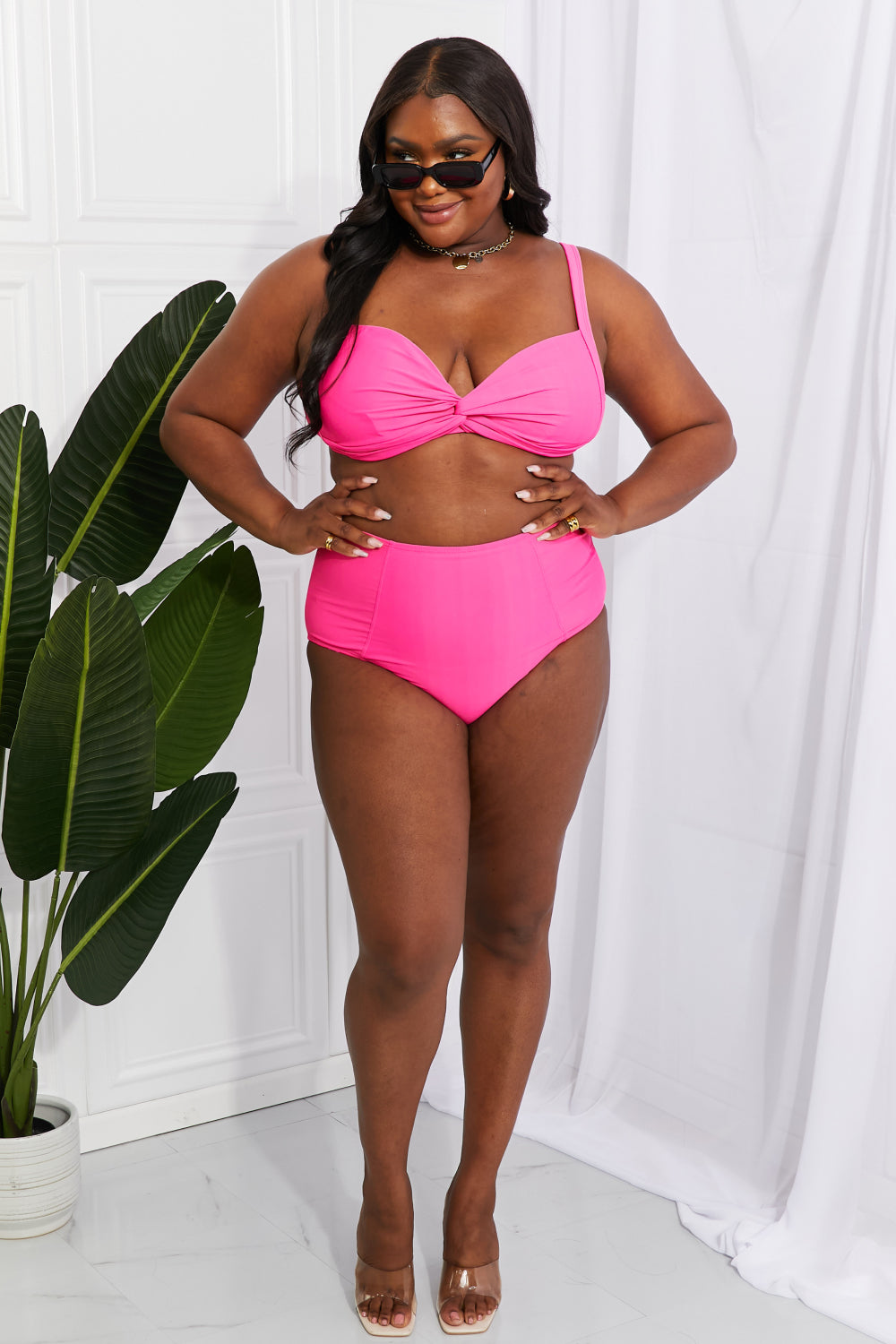 Marina West Swim Take A Dip Twist High-Rise Bikini in Pink (TB9D) T