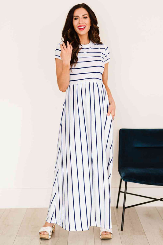 Striped Short Sleeve Crewneck Maxi Dress (BWMT) T - Deals DejaVu