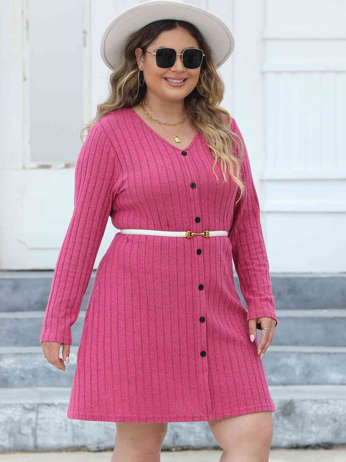 Plus Size Ribbed Buttoned V-Neck Long Sleeve Dress (MWBT) T - Deals DejaVu