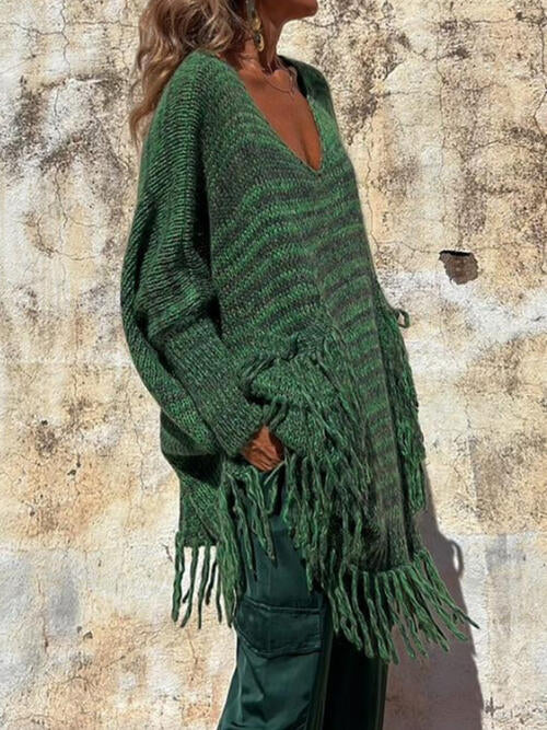 Fringe Detail Long Sleeve Sweater with Pockets - Deals DejaVu