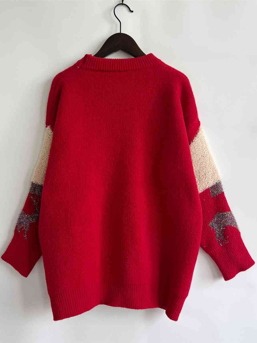 Sequin Christmas Tree & Reindeer Round Neck Sweater - Deals DejaVu