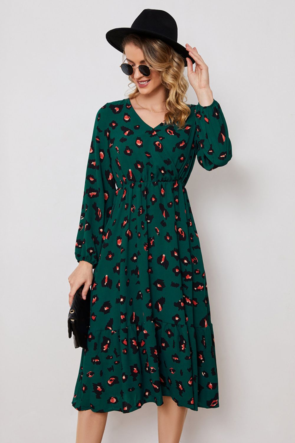 Printed Surplice Neck Long Sleeve Dress (BWD)(WS06)T - Deals DejaVu