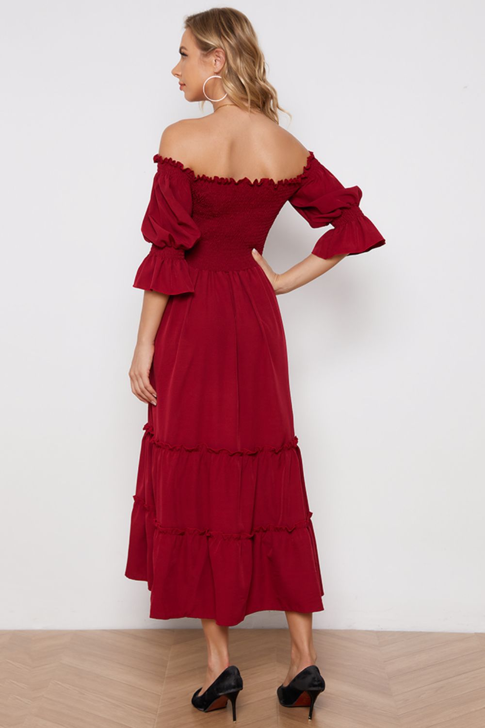 Off-Shoulder Flounce Sleeve Frill Trim Tiered Dress (BWD)(WS06)T