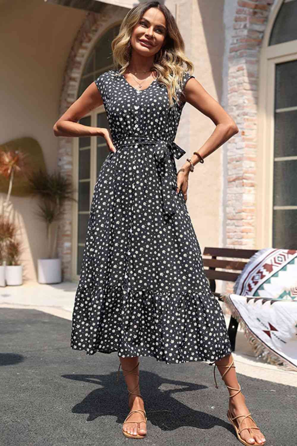Floral Tie-Waist Ruffle Hem Dress (MWBT) T - Deals DejaVu